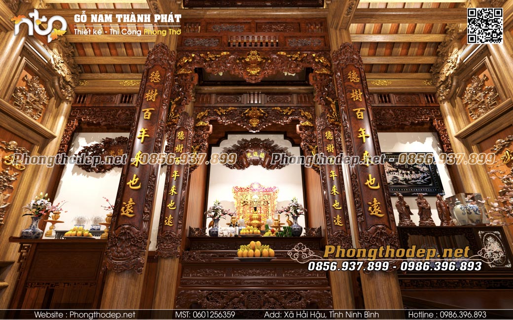 Phòng thờ được thiết kế với cuốn thư, cửa võng, đại tự, câu đối sang trọng